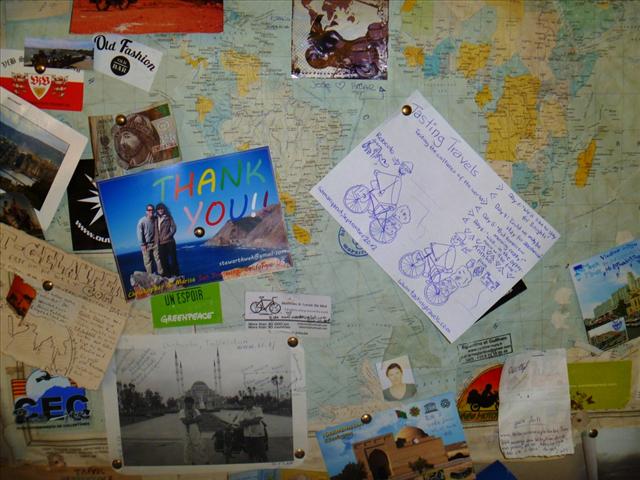 We are not the only cyclists on the famous pinboard in Bahodir hostel