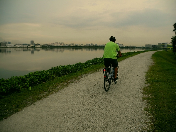 Have you imagined a bike path like this in Singapore? On our right there plenty of trucks, buses and some cars, on our left a calm lake. Singapore has it all. 
