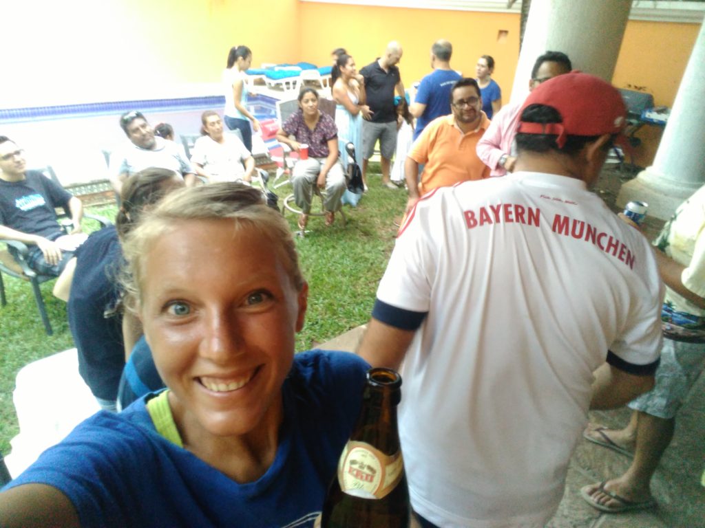 Annika drinks German beer in Cancún